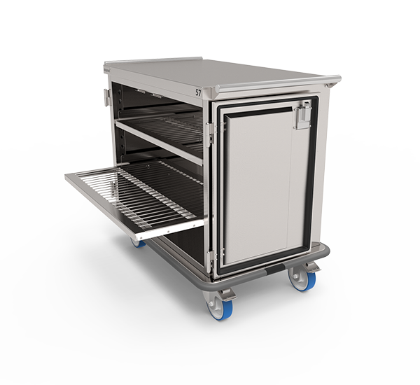 Chariot de case pour instruments chirurgicaux avec tablettes coulissantes et ouverture de la porte à 270 degrés