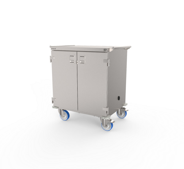 Chariot fermé à caissons en acier inoxydable avec deux portes.