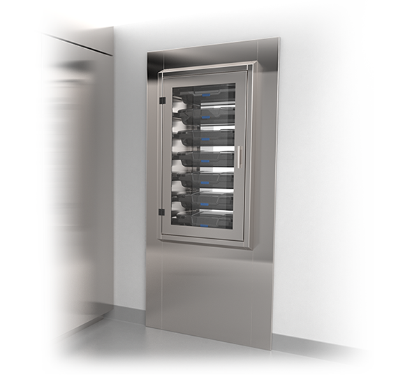Armoire traversante avec air filtré HEPA pour le transport et le stockage des bacs à endoscopes