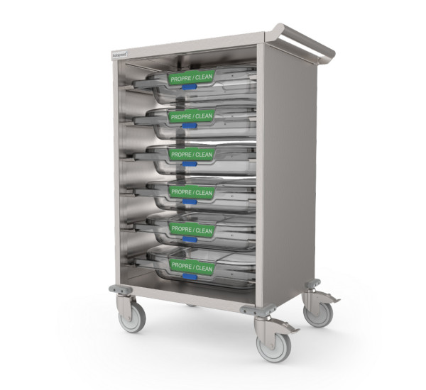 Chariot de transport d'endoscopes conçu pour transporter en toute sécurité six cassettes d'endoscopes